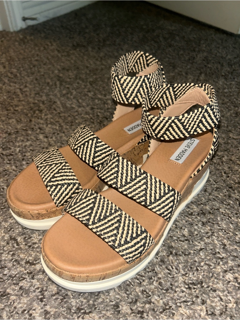 Steve Madden Black & Natural Woven Platform Sandals